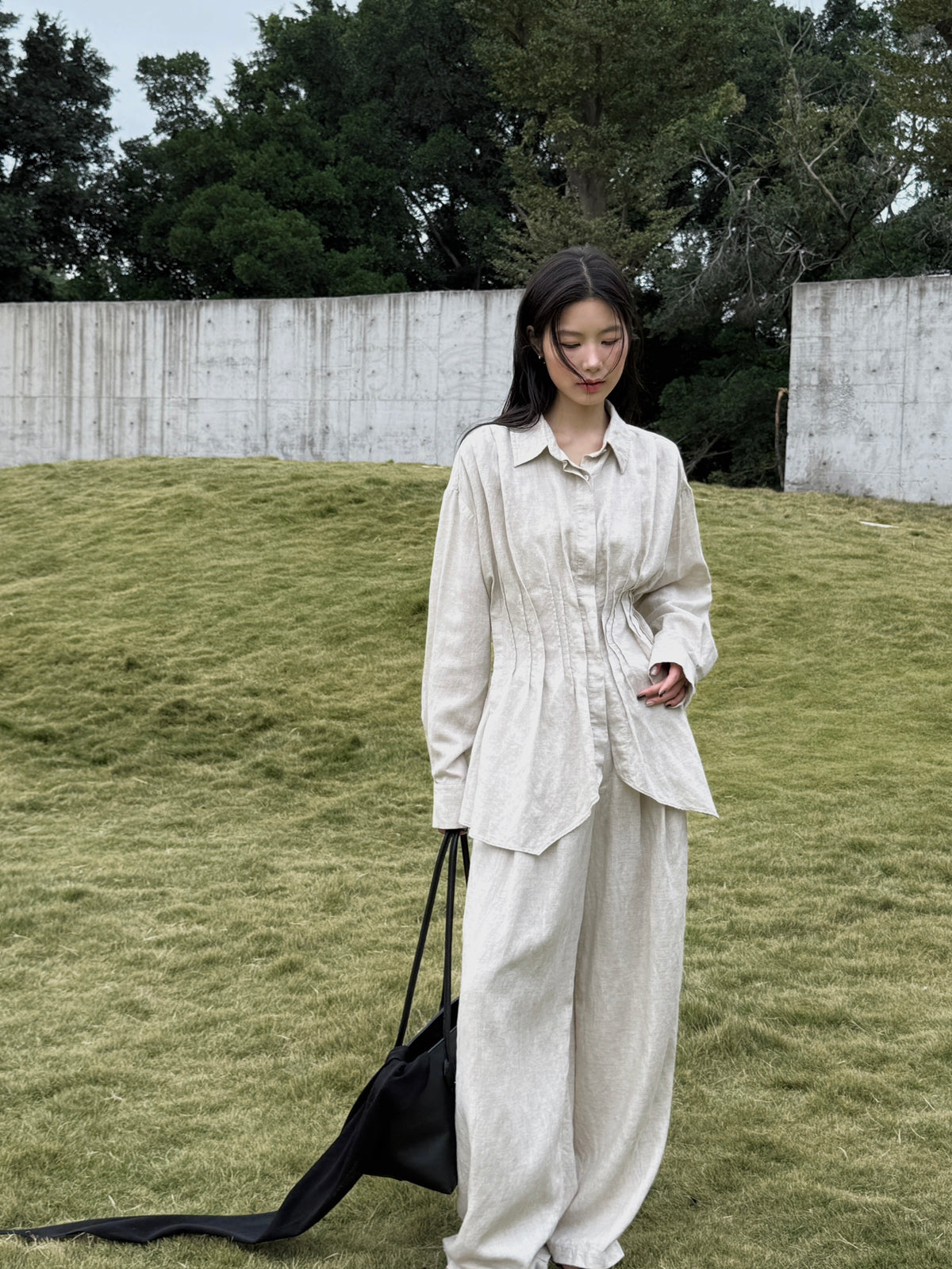 BU RIVERS Elegant High-Waisted Wide-Leg Linen Tencel Trousers for Women - Slimming Old Money Style