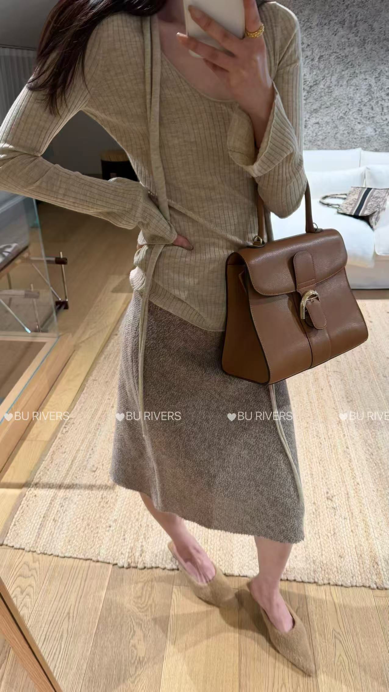 BU RIVERS 2026 Early Spring Elegant U-Neck Wool Blend Slimming Knit Sweater with Ribbon