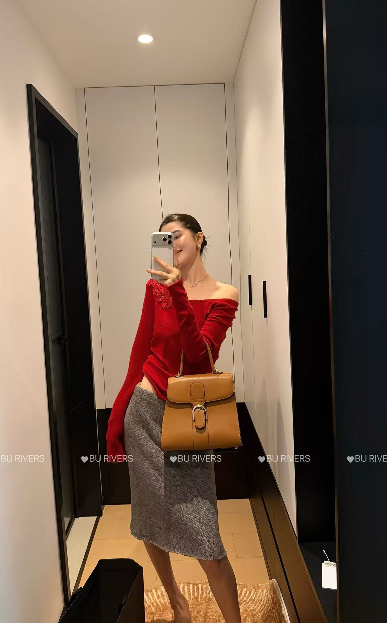 BU RIVERS 2026 Spring Luxury One-Shoulder 3D Embroidery Wool Blend Knit Top