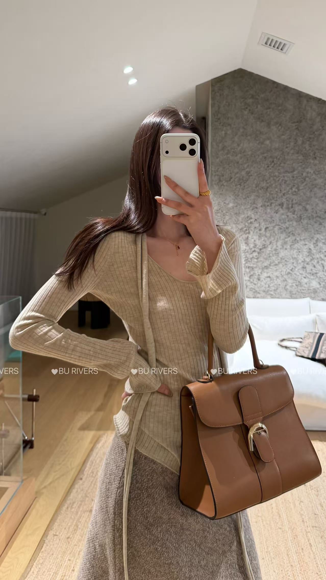 BU RIVERS 2026 Early Spring Elegant U-Neck Wool Blend Slimming Knit Sweater with Ribbon