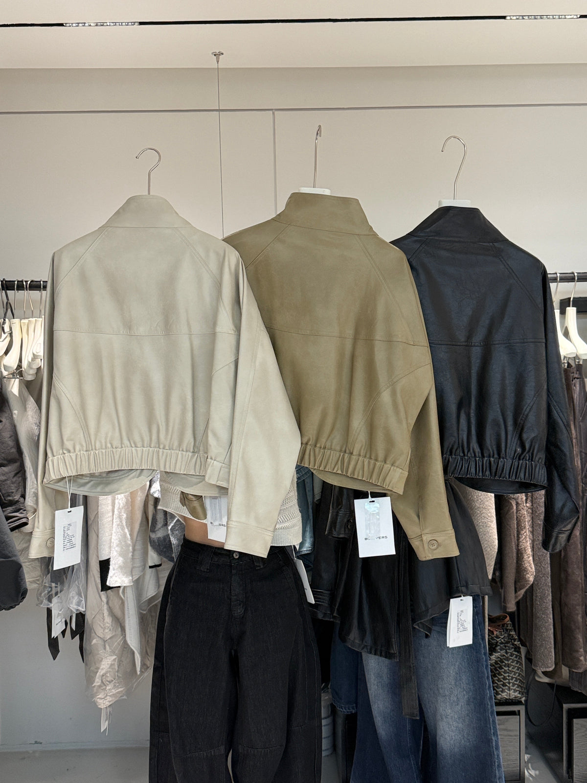 BU RIVERS Women's Stand Collar Biker Jacket - Loose Fit Casual Spring Leather Coat