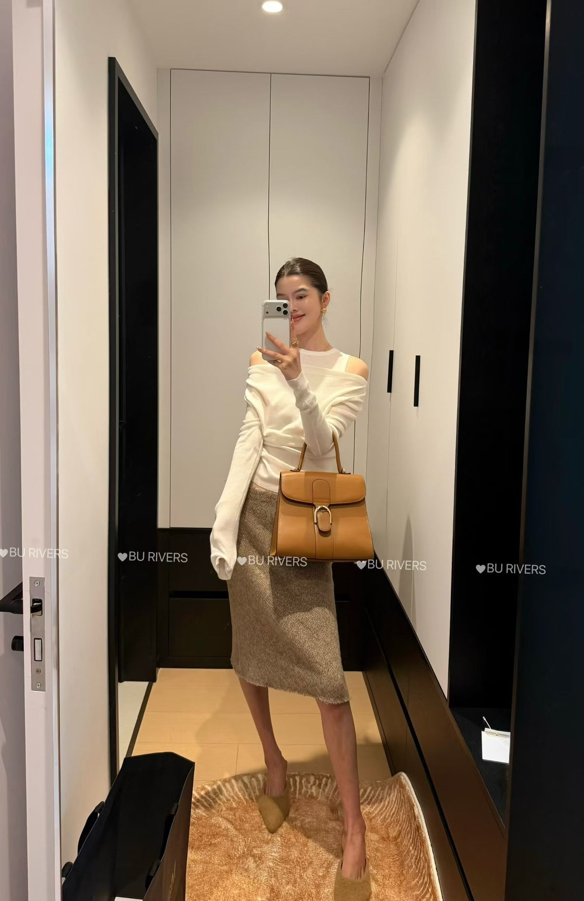 BU RIVERS Elegant Off-Shoulder Tencel Knit Top - Slimming Faux Two-Piece Spring Sweater