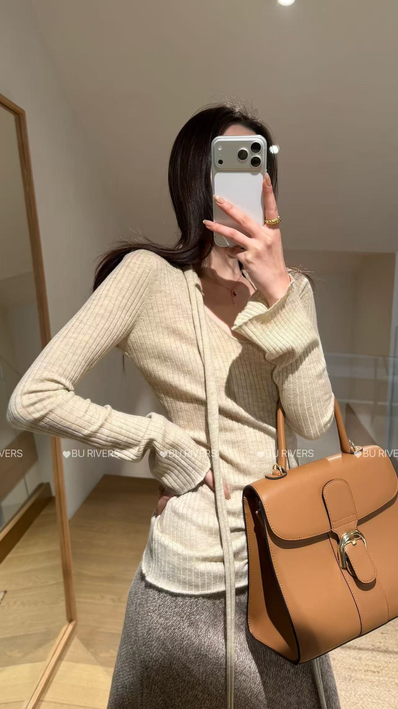 BU RIVERS 2026 Early Spring Elegant U-Neck Wool Blend Slimming Knit Sweater with Ribbon